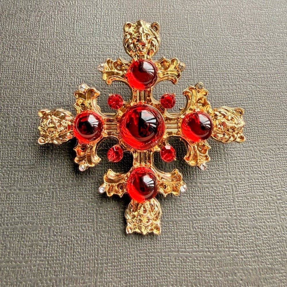 Red Cross Brooch Pin Lion Head Cabochon Rhinestone Gold Tone Statement Alloy